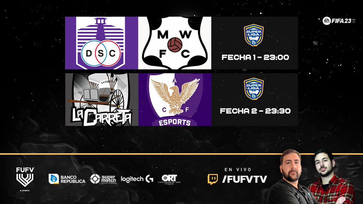 Asociaciรณn Uruguaya de Deportes Virtuales (@audvesports) on Twitter photo Esta noche ๐ด EN VIVO desde 23:00 hs #SuperLigaBROU T-26
โถ๏ธ twitch.tv/fufvtv
โถ๏ธ twitch.tv/fufvtv
FECHA 1 <a href="/EsportsDefensor/">Defensor Sporting eSports</a> ๐ <a href="/MWFC_eSports/">Montevideo Wanderers</a>
FECHA 2 <a href="/LaCarretaFC/">๐๐ฎ ๐๐ฎ๐ฟ๐ฟ๐ฒ๐๐ฎ.</a> ๐ <a href="/cafenix_esports/">Centro A. Fรฉnix | Esports</a>
๐๏ธ <a href="/DaroBuonomo14/">Daro Buonomo</a> <a href="/GamesCabeza/">Cabeza Games</a> Esta noche ๐ด EN VIVO desde 23:00 hs #SuperLigaBROU T-26
โถ๏ธ twitch.tv/fufvtv
โถ๏ธ twitch.tv/fufvtv
FECHA 1 <a href="/EsportsDefensor/">Defensor Sporting eSports</a> ๐ <a href="/MWFC_eSports/">Montevideo Wanderers</a>
FECHA 2 <a href="/LaCarretaFC/">๐๐ฎ ๐๐ฎ๐ฟ๐ฟ๐ฒ๐๐ฎ.</a> ๐ <a href="/cafenix_esports/">Centro A. Fรฉnix | Esports</a>
๐๏ธ <a href="/DaroBuonomo14/">Daro Buonomo</a> <a href="/GamesCabeza/">Cabeza Games</a>