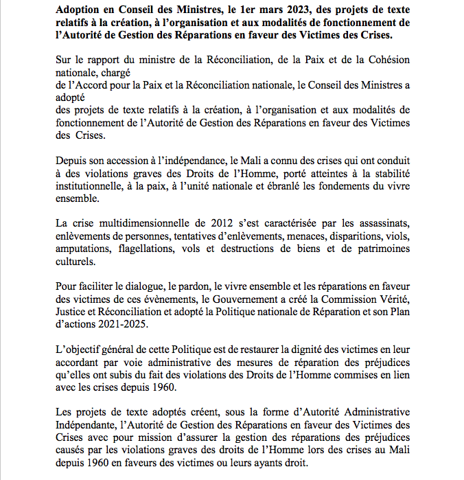 Adoption en Conseil des Ministres, le 1er mars 2023, des projets de texte relatifs à la création, à l’organisation et aux modalités de fonctionnement de l’Autorité de Gestion des Réparations en faveur des Victimes des Crises.