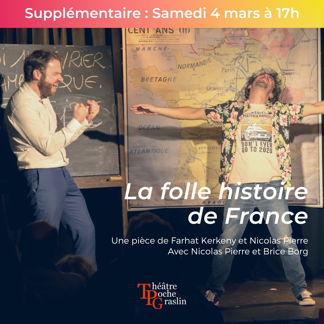 Complet vendredi 3 et samedi 4 à 19h, nous avons ajouté une séance supplémentaire pour La folle histoire de France à 17h.

🎟 Réservez maintenant : bit.ly/3ZzpIxD