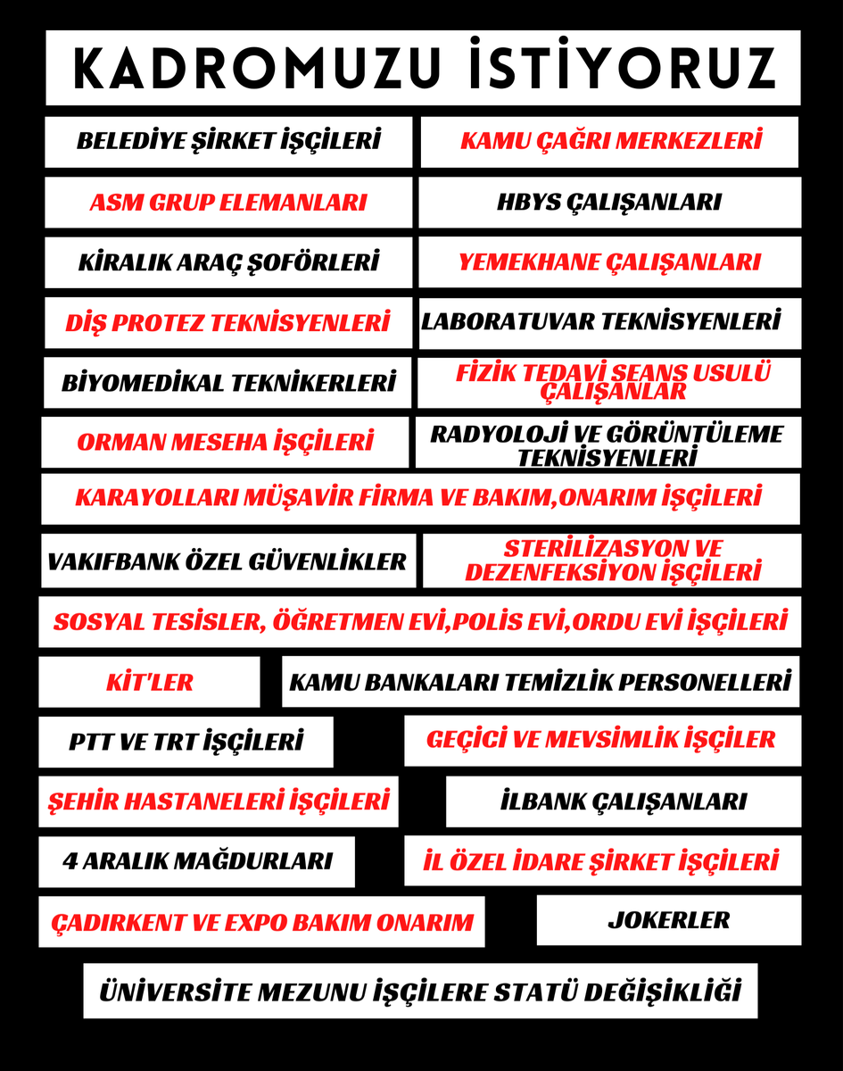 KamuÇağrıMerkezi
AsmGrupElemanları
BelediyeŞirketİşçileri
%70etakılanlar,HBYS,
KiralıkAraçŞoförleri,Karayolları,
KamuSosyalTesisleri,
4AralıkMağdurları,KİTler,
GeçiciMevsimlikİşçiler KADROYA alınsın.
Üniversite mezunu işçilere isteğe bağlı statü değişikliği verilsin
<a href="/vedatbilgn/">Vedat Bilgin</a>