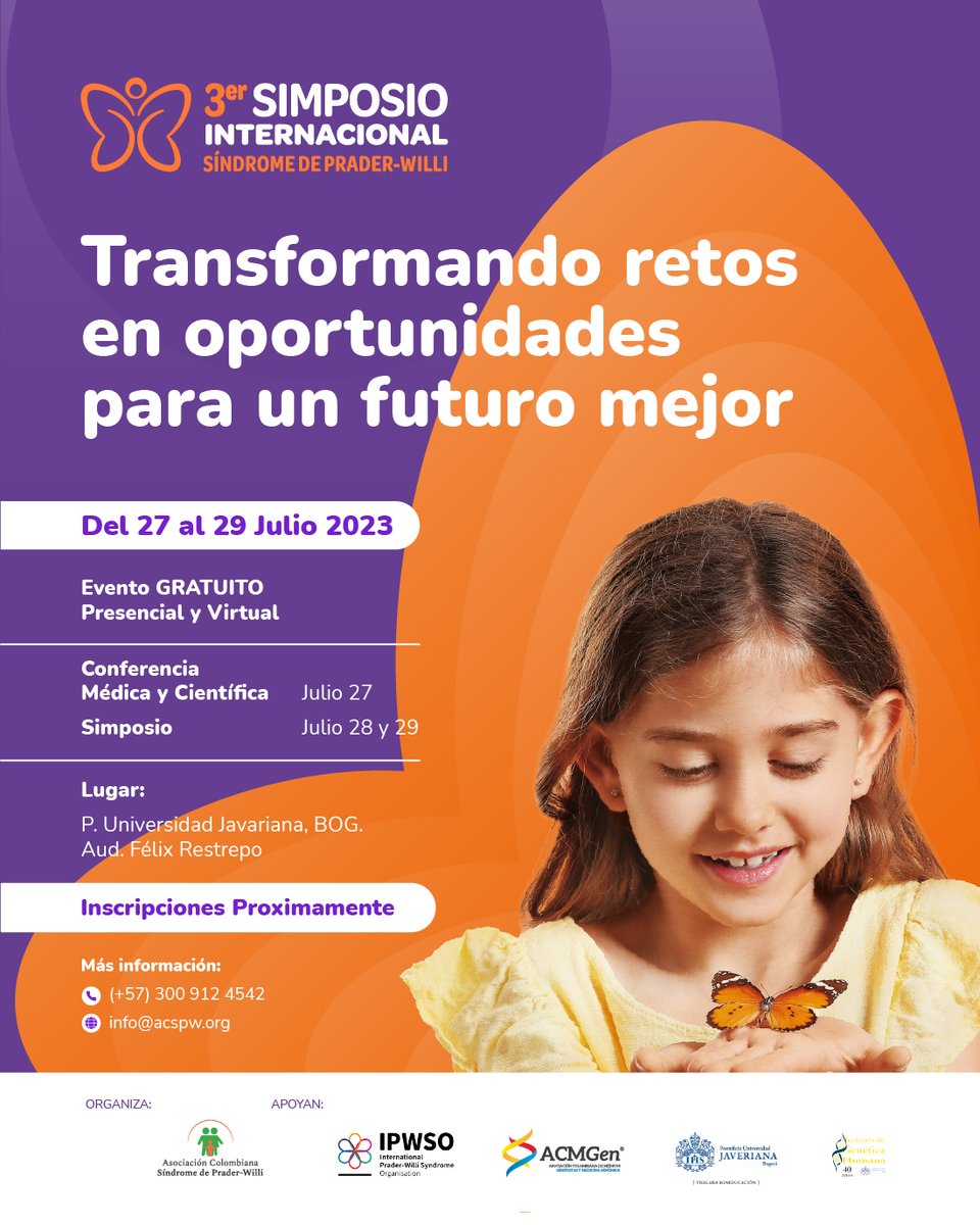 acspraderwilli's tweet photo. ¡Atención a todos! ¡Los invitamos al 3er. Simposio Internacional del Síndrome Prader-Willi que tendrá lugar en la ciudad de Bogotá, desde el 27 al 29 de Julio de este año! ¡Estén atentos de nuestras redes sociales para obtener más información sobre este emocionante evento! #IPWSO https://t.co/YfY43TUtax
