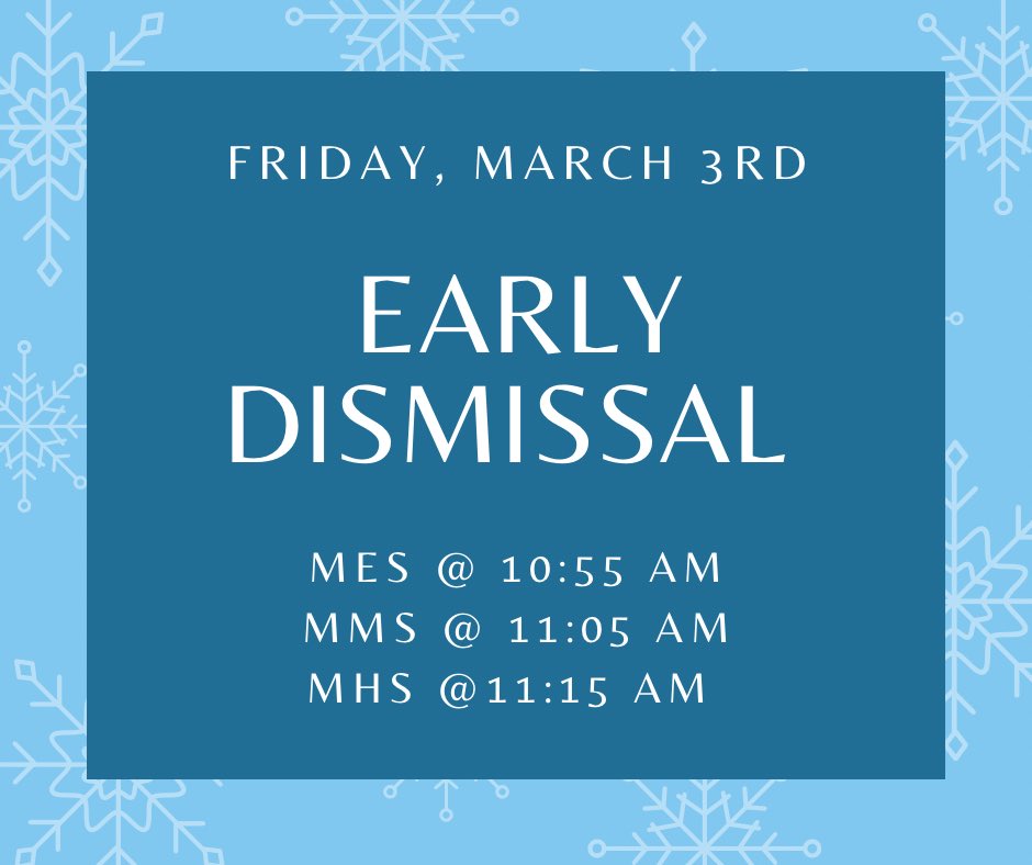 Out of an abundance of caution and the forecasts lining up, the Manteno School District will be utilizing an early release tomorrow.  

Elementary School @ 10:55 AM
Middle School @ 11:05 AM
High School @ 11:15 AM

Thank you and stay safe!