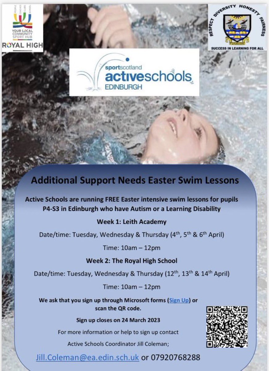 Free Easter holiday swim lessons with <a href="/ActiveSchoolsED/">Active Schools Edinburgh</a> for students up to S3.