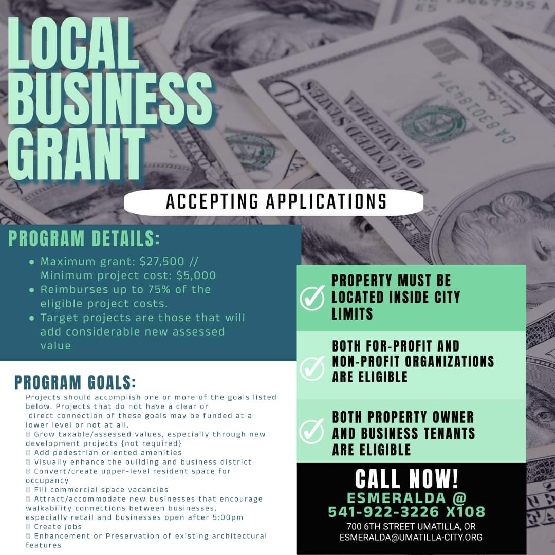 Attention business owner and/or business tenants! City is now accepting applications for the Local Business Grant Program. For program details or applications please visit our website listed below or contact Esmeralda at (541) 922-3226 x108. umatilla-city.org/community/page…