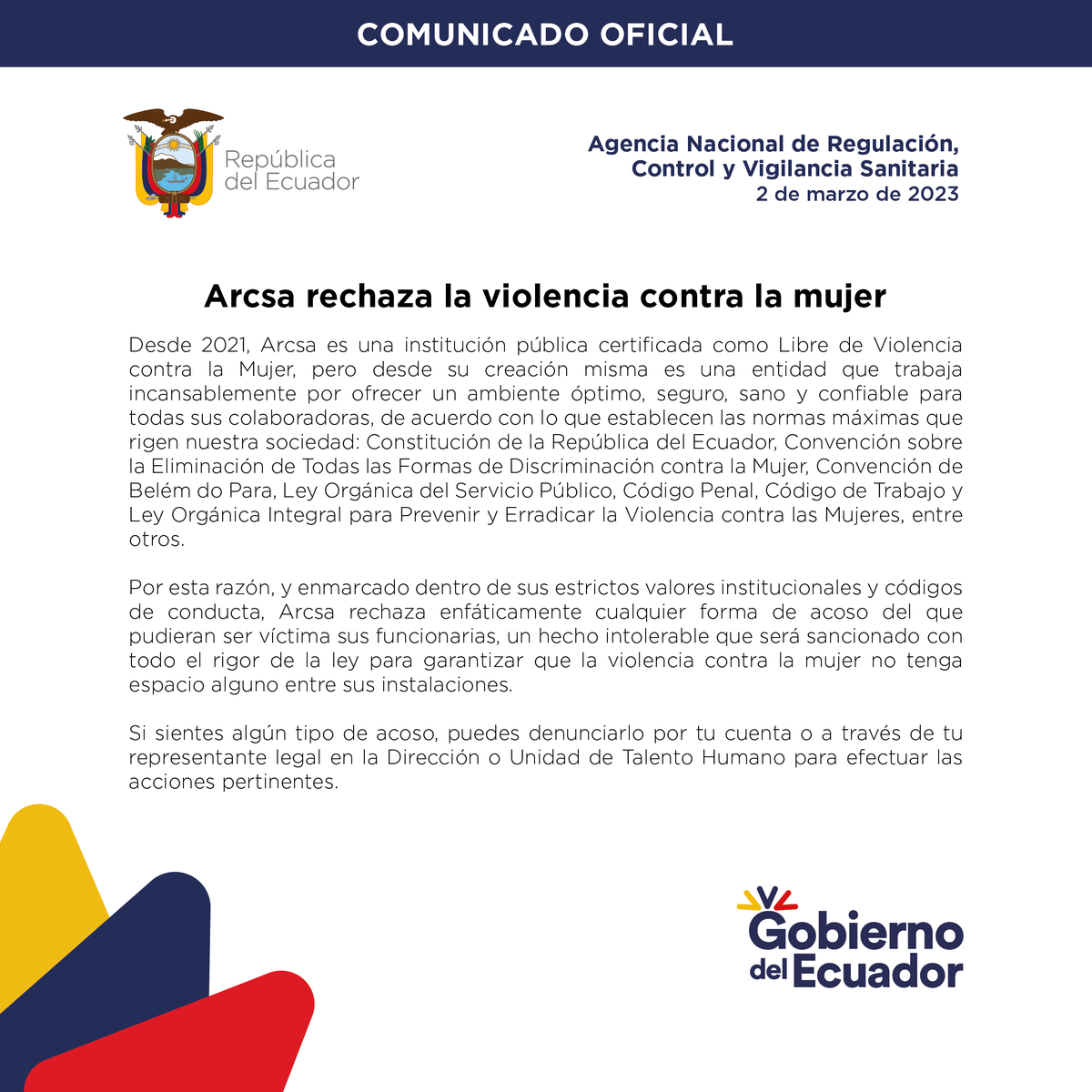 Arcsa_Ec's tweet photo. #ComunicadoArcsa | En concordancia con el Mes de la Mujer, #Arcsa rechaza categóricamente cualquier tipo de violencia o acoso contra las mujeres, y trabaja arduamente por mantener un ambiente seguro para sus colaboradoras. ♀👩🏽‍🦱 https://t.co/AW53Ul1zFy