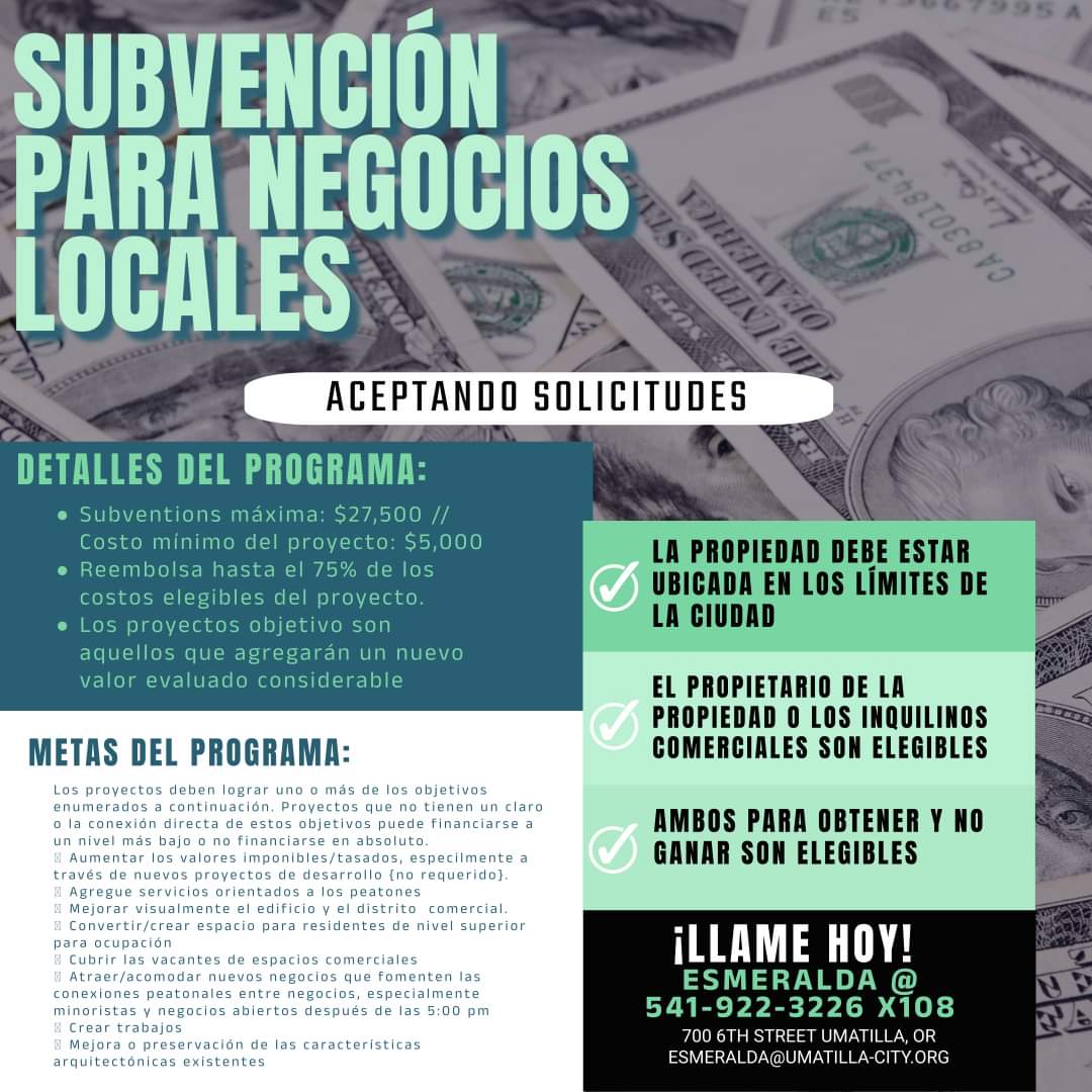 La ciudad está aceptando solicitudes para el Programa de Subvenciones para Empresas Locales. Para detalles del programa o solicitudes, visite nuestro sitio web que se detalla a continuación o comuníquese con Esmeralda al (541) 922-3226 x108. umatilla-city.org/community/page…