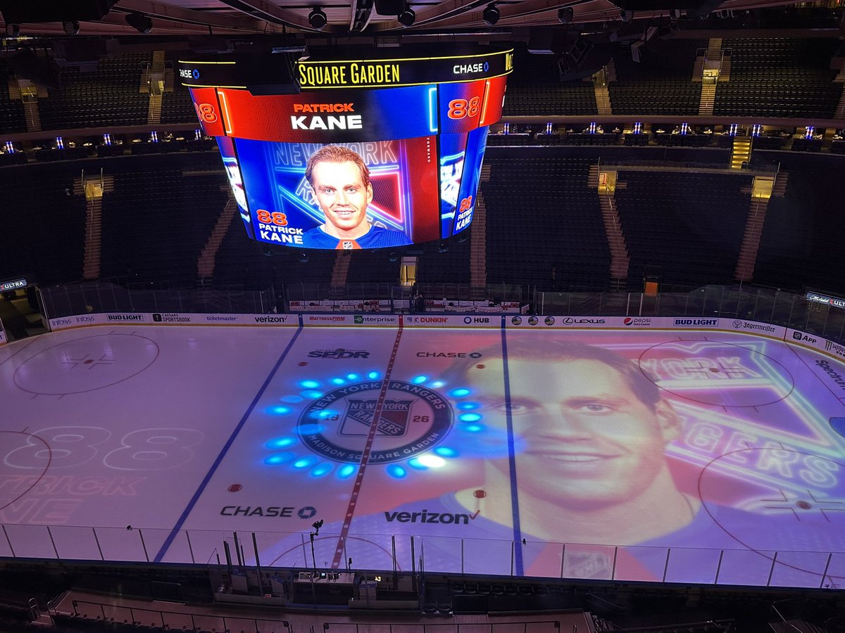 CRoumeliotis's tweet photo. Madison Square Garden preparing for Patrick Kane’s New York Rangers debut. #Blackhawks https://t.co/lo7OVmixES
