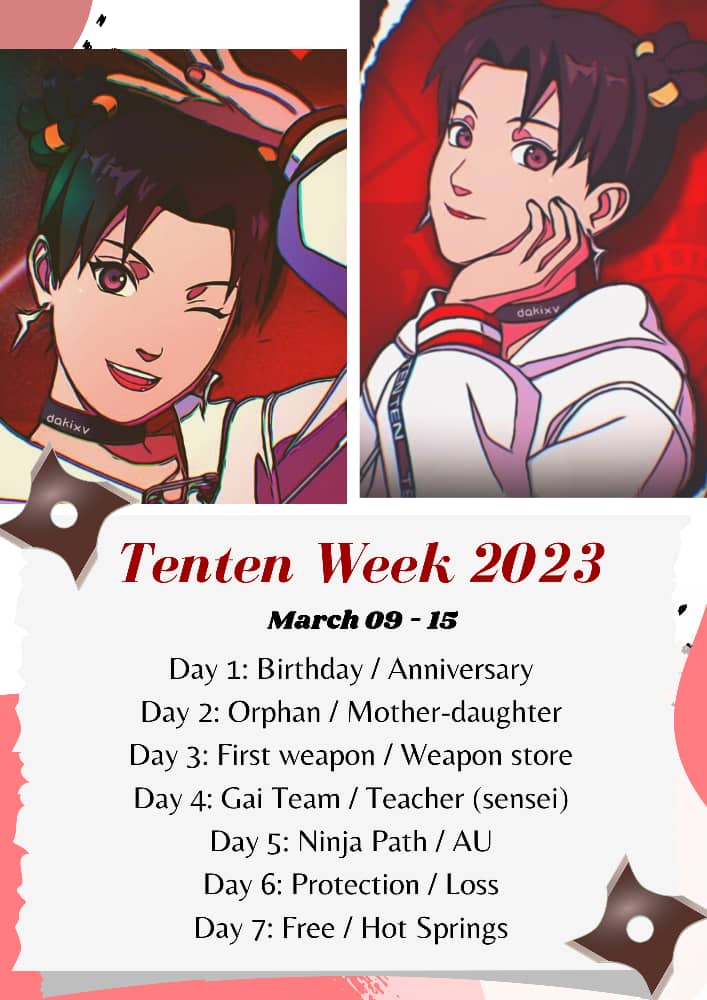 KarolV14070769's tweet photo. 🥳🥳Tenten Week 2023🥳
All your contributions are welcomed!
Let's show appreciation for our kunoichi Tenten!💪
⚔️9th to the 15th March ⚔️
⬇️➕info

#Tentenweek2023 #Tentenweek #テンテン #Tenten #天天 
#TeamGuy #NejiHyuga #RockLee https://t.co/f1WkDPOvj5
