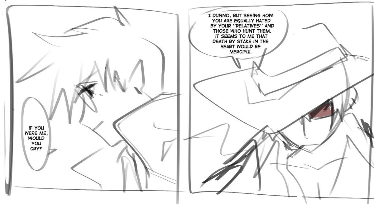 the context: vash was kicked out from another town just bc of doing vash things, there's literally zero creatures whos glad to see him, doesn't matter if they are vampires or humans. the world is cruel to him, so is wolfwood

ITS LOW QUALITY IM SORRY!! enjoy
(1/4) 