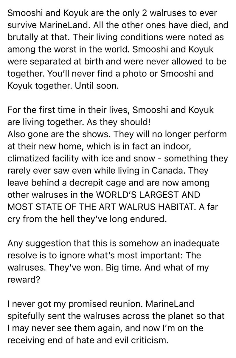 walruswhisperer's tweet photo. Update: It’s been just over 24 hours since I learned that MarineLand shipped walruses Smooshi and Koyuk to SeaWorld in Abu Dhabi. Since learning of and announcing this, I’ve been on the receiving end of A LOT of targeted hate and criticism. 

Perhaps some more context is needed. https://t.co/EFTCrL42Ee