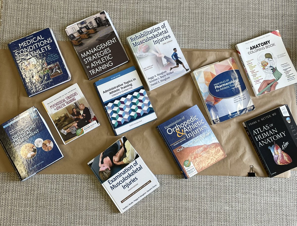 Happy National Athletic Training Month! Celebrating some textbooks that share foundational knowledge to athletic training students. I want to know your favorite textbooks! <a href="/ekuatp/">EKU Athletic Training Program</a> <a href="/DrFuchs16/">Dr_Fuchs</a> <a href="/BaileyReecer/">Bailey Reecer</a> <a href="/erobinson_ATC/">Elena Robinson, DAT, LAT, ATC</a> <a href="/kielur_devin/">Devin Kielur DAT, LAT, ATC</a> <a href="/annagboddicker/">Anna Grimes Boddicker</a> <a href="/cameroneldred6/">Cameron Eldred DAT, LAT, ATC</a> #NATM2023
