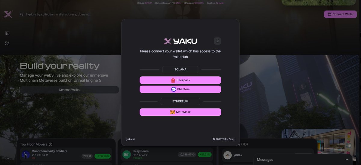 YakuCorp's tweet photo. The hub at https://t.co/ffwnYjYBFC has had quite the facelift... not only can you connect with @phantom and @MetaMask, but we have now integrated @xNFT_Backpack 🎒 https://t.co/Hz865g6VKF