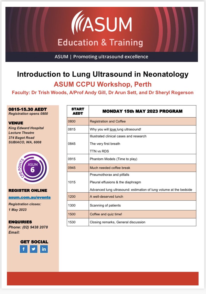 Neonatal POCUS Australia (@neopocusau) on Twitter photo Back by popular demand we will be hosting the <a href="/asumultrasound/">ASUM</a> Neonatal Lung CCPU workshop at King Edward’s Memorial Hospital in sunny Perth! 😎 15th May, hope to see you there! members.asum.com.au/asum/ASUM/Even…
<a href="/tisheewoods/">Trish Woods</a> @Shezza622 <a href="/gfooberry/">Gillian Foo</a> Back by popular demand we will be hosting the <a href="/asumultrasound/">ASUM</a> Neonatal Lung CCPU workshop at King Edward’s Memorial Hospital in sunny Perth! 😎 15th May, hope to see you there! members.asum.com.au/asum/ASUM/Even…
<a href="/tisheewoods/">Trish Woods</a> @Shezza622 <a href="/gfooberry/">Gillian Foo</a>