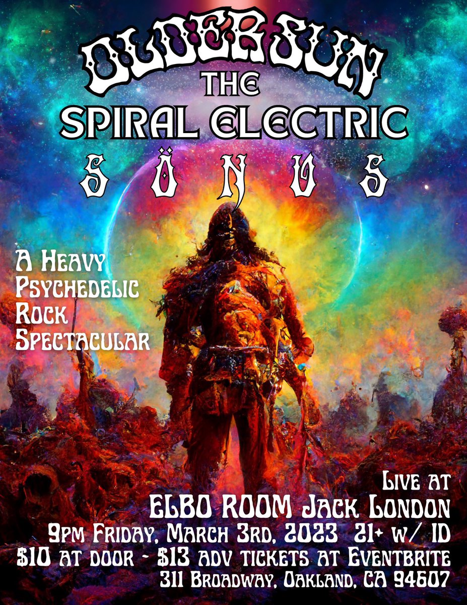 Tomorrow night!! #oakland @SpiralElectric #OlderSun at #elboroomjacklondon A #HeavyPsychedelicRock Spectacular! Tickets on sale now at eventbrite.com/e/older-sun-th…! 
#oakland #bayarea #stonerrock #hardrock  #psychedelicrock #stonerrock #stonerdoom #spacerock