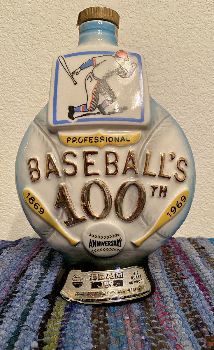 mcf96_cards's tweet photo. One of my favorite additions to the baseball collection, not card related. An old Jim Beam bottle celebrating 100 years of baseball! https://t.co/QxsOuUf5bm