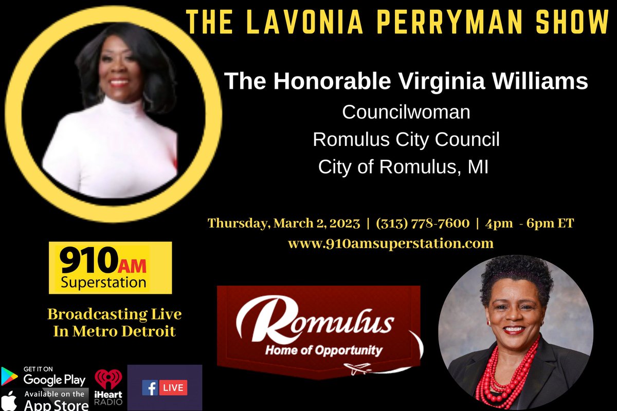 lavoniaperryman's tweet photo. Councilwoman Virginia Williams City of Romulus, MI &amp; Willie Mall, President, In Spite Of... (NSO) have a great performance in store for you. 

Tune-in for the details &amp; Join the conversation: (313) 778-7600 https://t.co/JCugEEVvoi