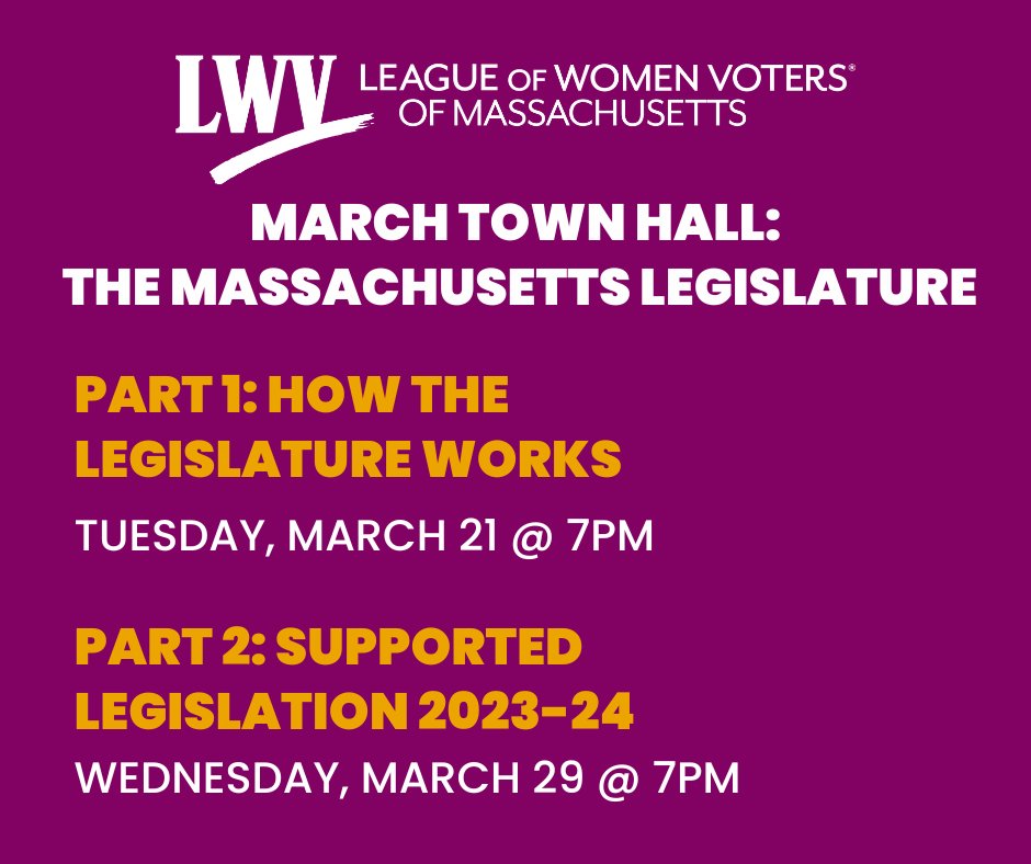 LWVMA's tweet photo. Please join us for our March Town Hall: The Massachusetts Legislature. This event will be broken up into 2 parts, so make sure to register for both! We look forward to seeing you there 😄

Register for Part 1: https://t.co/n08ZdQADUV
Register for Part 2: https://t.co/8Q8rNkB2Uk https://t.co/WbjlAM1Pm9