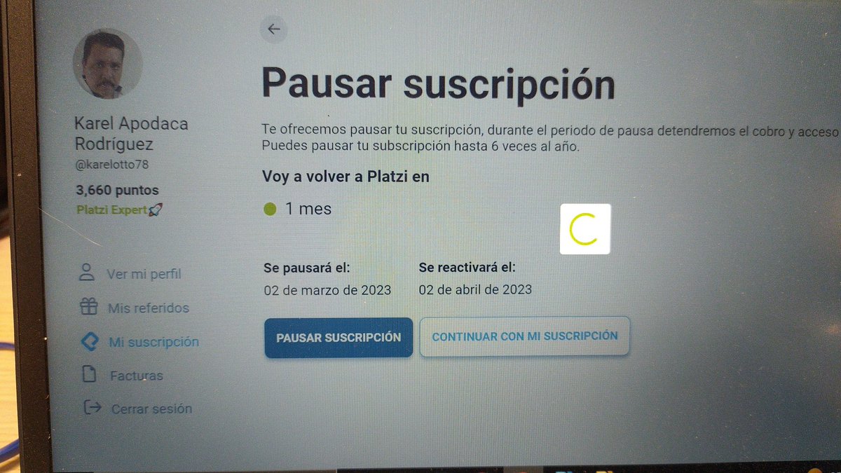 KarelApodaca's tweet photo. A ver, #platzi ... Si no tengo tiempo para usar mi suscripción, me ofreces la opción de pausar...
Entonces, ¿por qué no me permites pausar?
Simplemente se queda procesando y nunca sucede nada.
¿Es acaso un truco o algo así? https://t.co/sg7pI8RMym