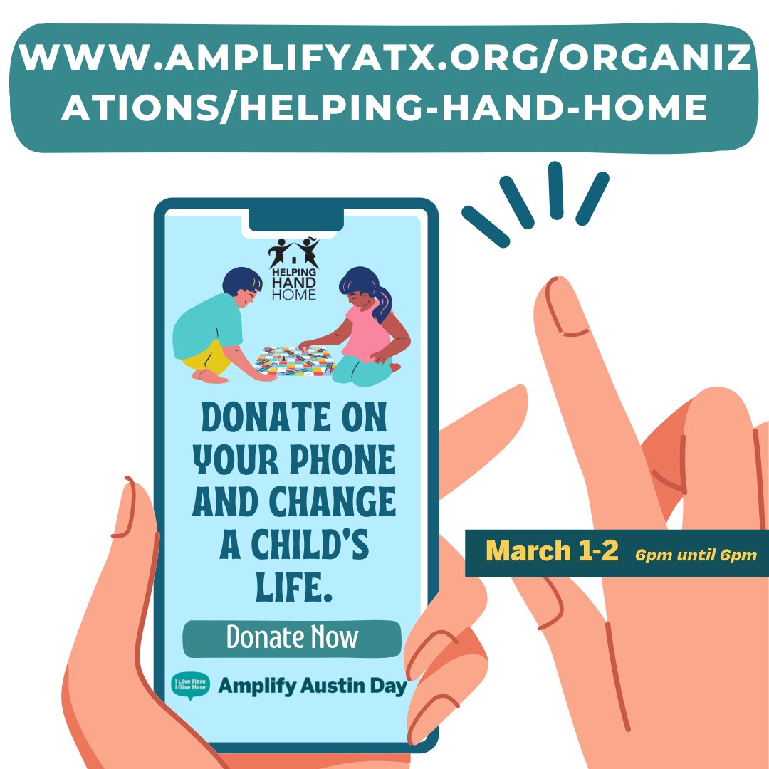 Time is running out! Help us make a difference in the lives of children in need by donating to Helping Hand Home for Children for Amplify Austin Day. Act now and let’s #AmplifyAustin before it’s too late!

DONATE HERE:
amplifyatx.org/organizations/…

#HopeHappensHere