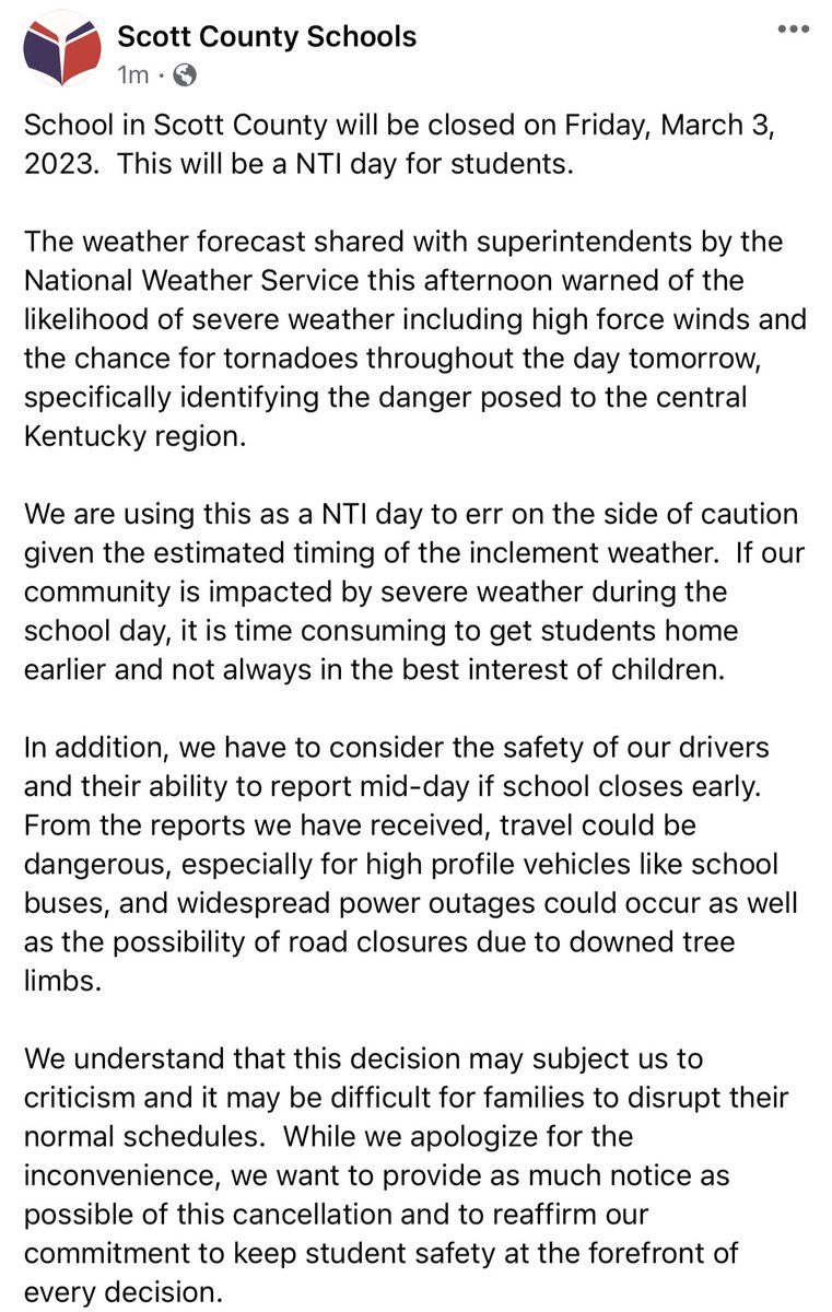 SeanMoodyNews's tweet photo. Scott County schools just made Friday an NTI day due to tomorrow’s forecast of severe weather. https://t.co/FU1bUvLDt0
