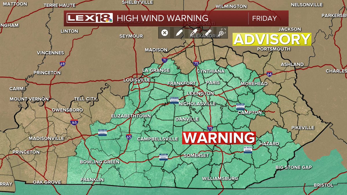 BillMeck's tweet photo. Friday is a Stay Weather Aware Day. We have a High Wind Warning with winds likely in excess of 60 mph. Severe weather is also a high probability tomorrow afternoon with damaging winds a strong bet. Tornadic storms will also be possible. Heavy rain is likely tonight.
#kywx https://t.co/JcBM4jD8Zq