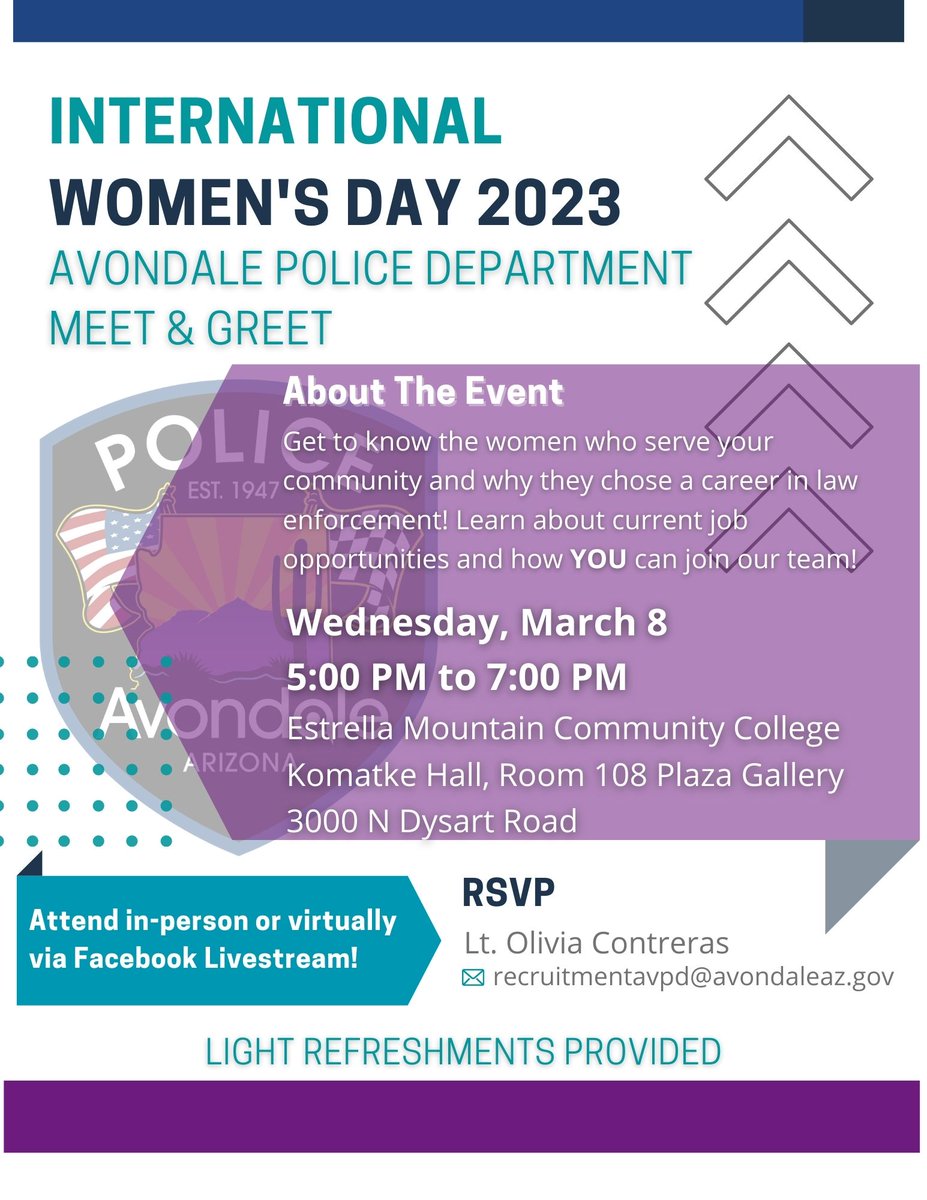Please join us on Mar 8, 5-7 pm at Estrella Mountain Community College, Komatke Hall Room 108 for Int'l Women's Day! 💙🖤 #WomensHistoryMonth2023 #InternationalWomensDays #APDcares #WomenInLawEnforcement