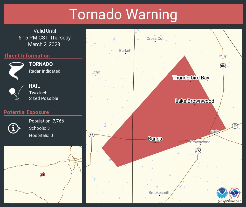 NWS Tornado on Twitter "Tornado Warning including Bangs TX, Lake