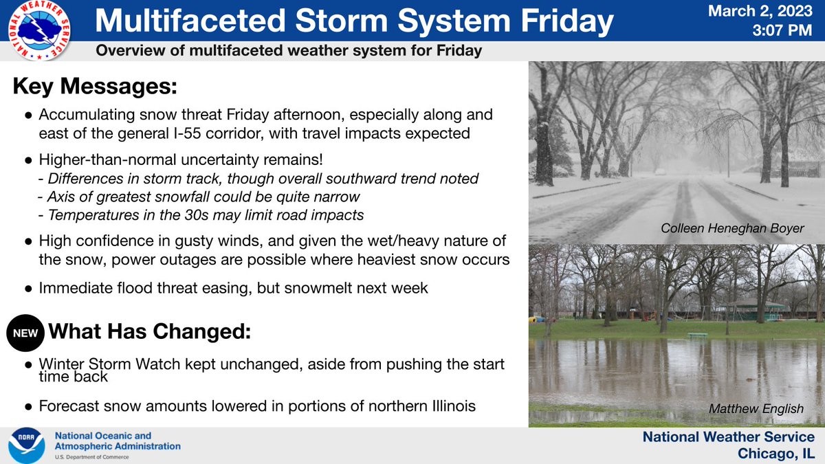 NWSChicago's tweet photo. (1/5) A multifaceted storm system is still expected to impact the area tomorrow. Higher-than-normal uncertainty remains in the exact storm track & expected impacts due to unusually high spread in model guidance for being <24 hours out & expected low-mid 30s air temps. #ilwx #inwx https://t.co/1uw8Ic5FzL