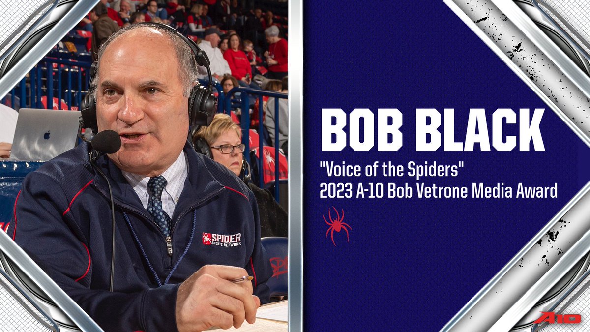 Congratulations to <a href="/RichmondSpiders/">Richmond Spiders</a> Bob Black, the 2023 Atlantic 10 Bob Vetrone Media Award Winner.

Our friend and colleague has spent 40 years as the "Voice of the Spiders."  We will honor him next week at the #A10MBB Championship.

atlantic10.com/news/2023/3/1/…