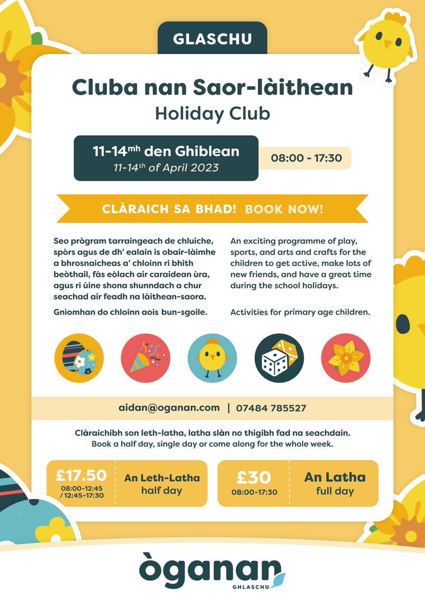 Òganan Dhùn Èideann + Ghlaschu:

Cluba nan Saor-làithean na Càisge 2023 | Easter Holiday Club 🐣

#òganan #childcare #gaelic #gàidhlig #edinburgh #glasgow #dùnèideann #glaschu