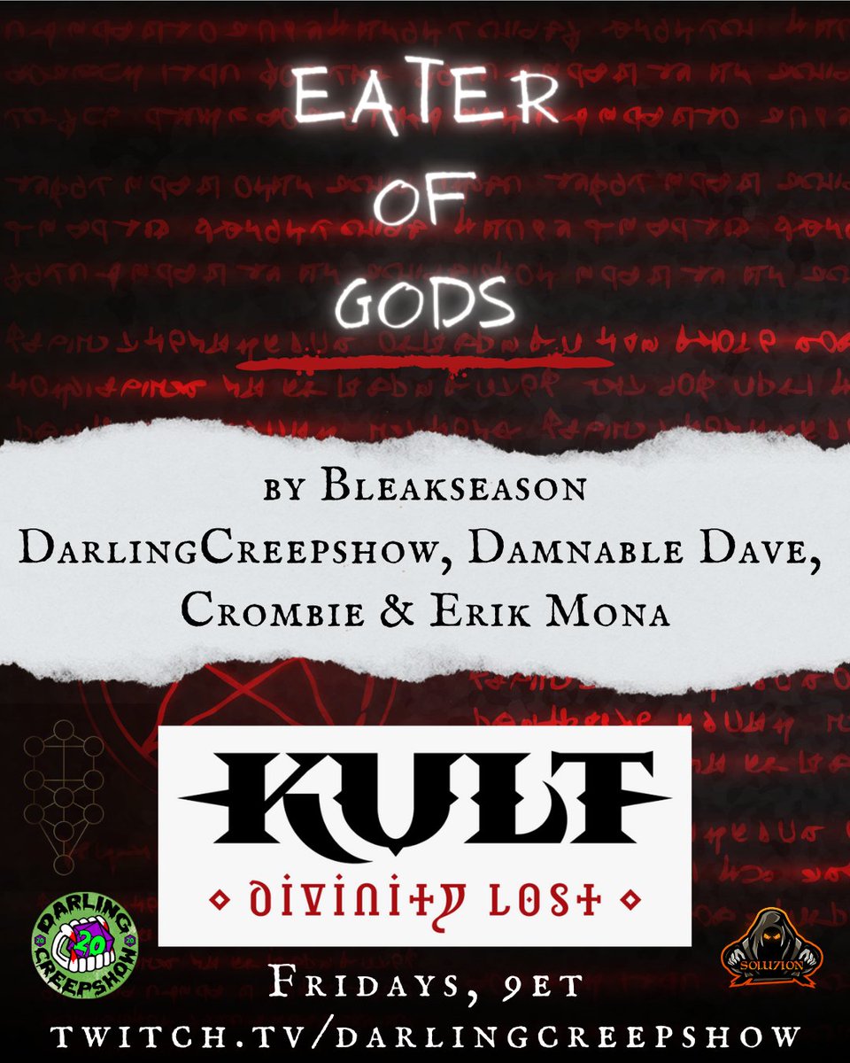 DCreepshow's tweet image. Mark your calendars!

A new limited series of #Kult runs on my channel starting Friday, March 10th!

Join me alongside @erikmona, @d_mdave, and Crombie for 'Eater of Gods', written and DMed by the amazing @TheBleakseason!

We have such sights to show you...

#kultdivinitylost