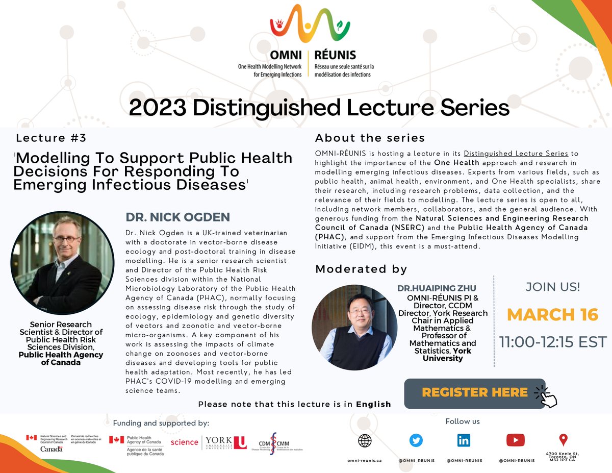 Join us for an exclusive lecture with Dr. Nick Ogden on #Modelling To Support Public Health Decisions For Responding To Emerging Infectious Diseases on March 16, 11:00-12:15 EST. Learn from one of the world's leading experts in the field. Register now! ➡️ bitly.ws/B3Sd