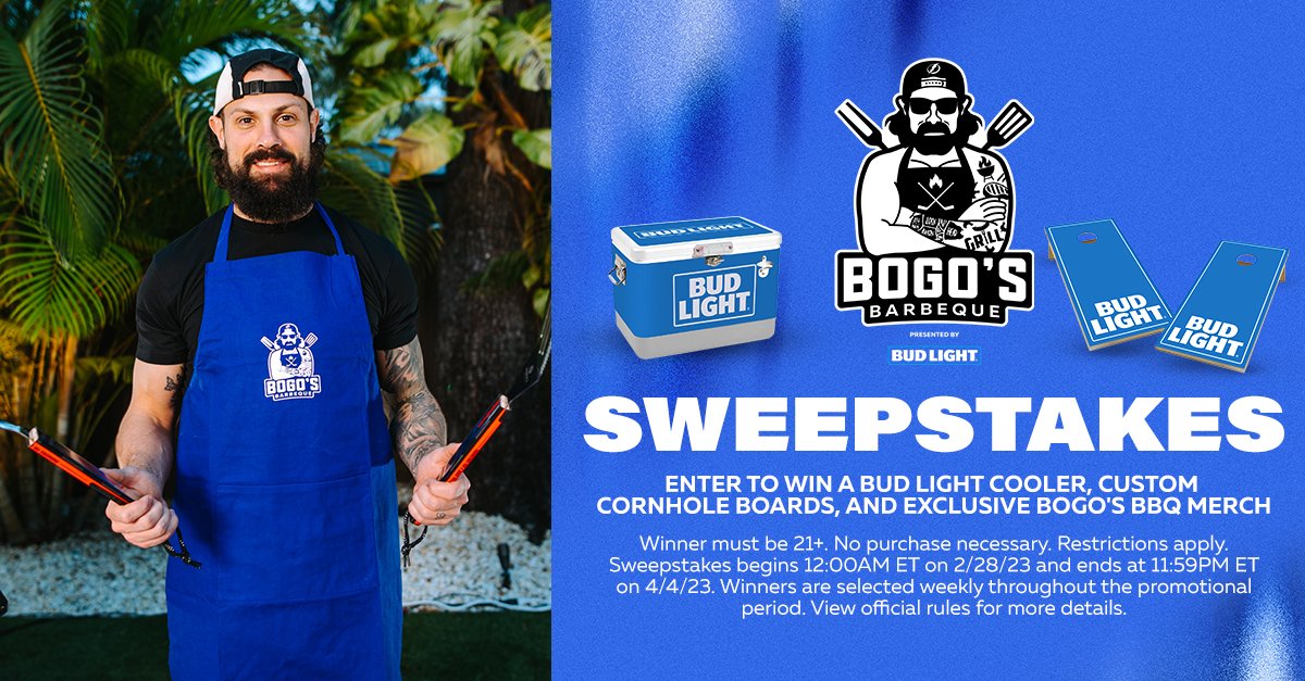 🔥 Fire up the grill and get ready to win big with <a href="/TBLightning/">Tampa Bay Lightning</a> Bogo's BBQ Sweepstakes presented by @BudLight! 🍺

Enter for your chance to win a Bud Light cooler, custom cornhole boards, and exclusive Bogo's BBQ Merch. Visit BoltsBarNetwork.com