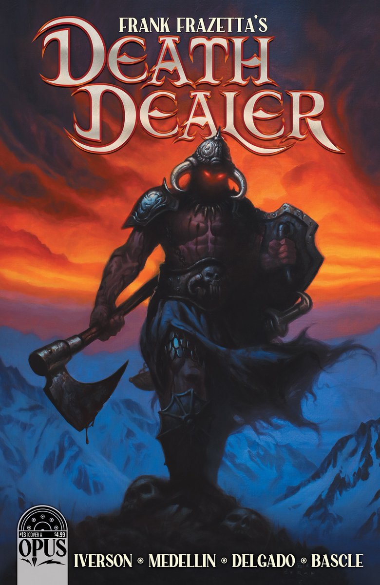 OpusPublishing's tweet photo. The cat's out of the bag! #FrankFrazetta's DEATH DEALER issue #13 will be in stores this Spring. The end has begun... 💀 Cover A) artwork by Milivoj Ćeran @ArtMceran 

Check in with your local comic shop to be sure they're ordering the series 🔥 @frazettagirls https://t.co/7abhNY5lLf