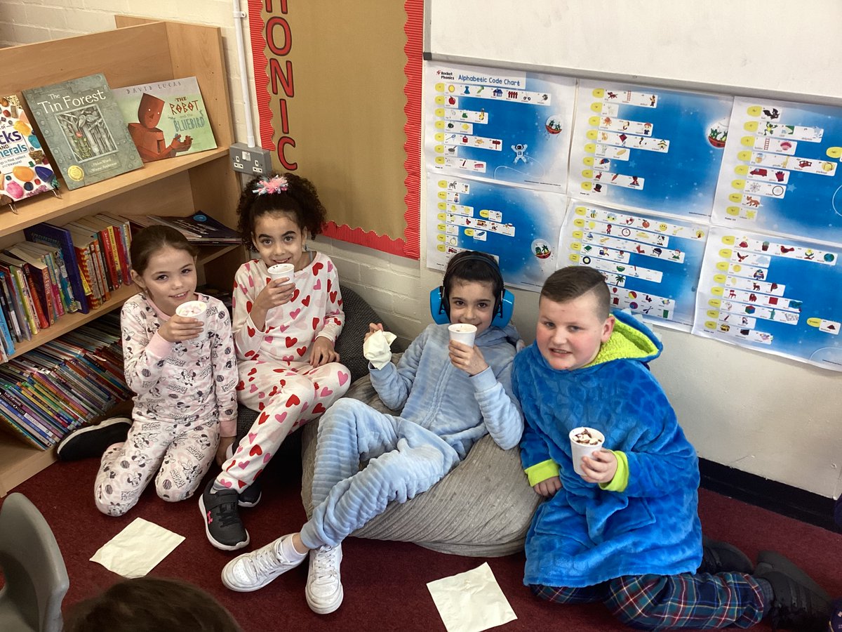 We had a fantastic @WorldBookDayUK dressed in our pyjamas to promote bedtime reading 📖 We focused  on the stories ‘We are all wonders’ by @RJPalacio and ‘Planet Omar: Accidental Trouble Magnet’ by  @Zendibble.  We loved hearing these stories whilst  enjoying a hot chocolate ☕️