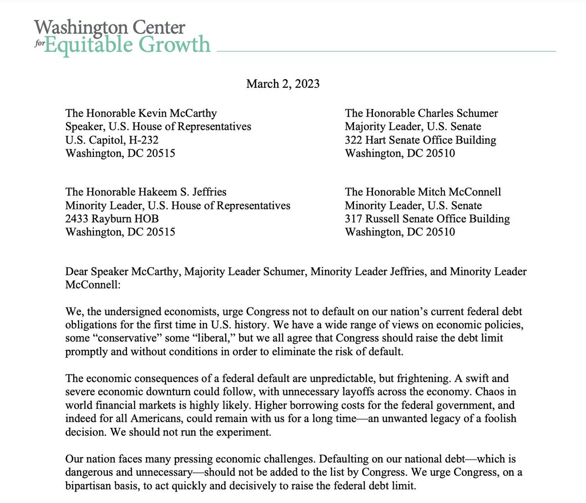 Equitable Growth (@equitablegrowth) on Twitter photo 🚨 Today, more than 200 top economists wrote to Congress urging them to raise the #DebtCeiling promptly and without limitations 🚨
Read the full statement from <a href="/benbernanke/">Ben Bernanke</a>, <a href="/RBReich/">Robert Reich</a>, <a href="/BetseyStevenson/">Betsey Stevenson</a>, <a href="/JosephEStiglitz/">Joseph E. Stiglitz</a>, @LauraDTyson, and (many) more: equitablegrowth.org/wp-content/upl… 🚨 Today, more than 200 top economists wrote to Congress urging them to raise the #DebtCeiling promptly and without limitations 🚨
Read the full statement from <a href="/benbernanke/">Ben Bernanke</a>, <a href="/RBReich/">Robert Reich</a>, <a href="/BetseyStevenson/">Betsey Stevenson</a>, <a href="/JosephEStiglitz/">Joseph E. Stiglitz</a>, @LauraDTyson, and (many) more: equitablegrowth.org/wp-content/upl…