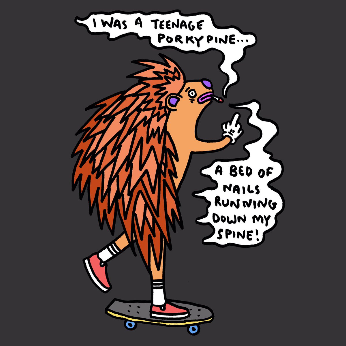 NATHANJAMESPAGE's tweet photo. I was a teenage Porkypine… a bed of nails running down my spine! Inspired by the song Last Long Laugh by Quasi @thee.quasi - from their latest album, Breaking the Balls of History! #quasi #lastlonglaugh #porcupine #porkypine https://t.co/Vb92FFT1aA