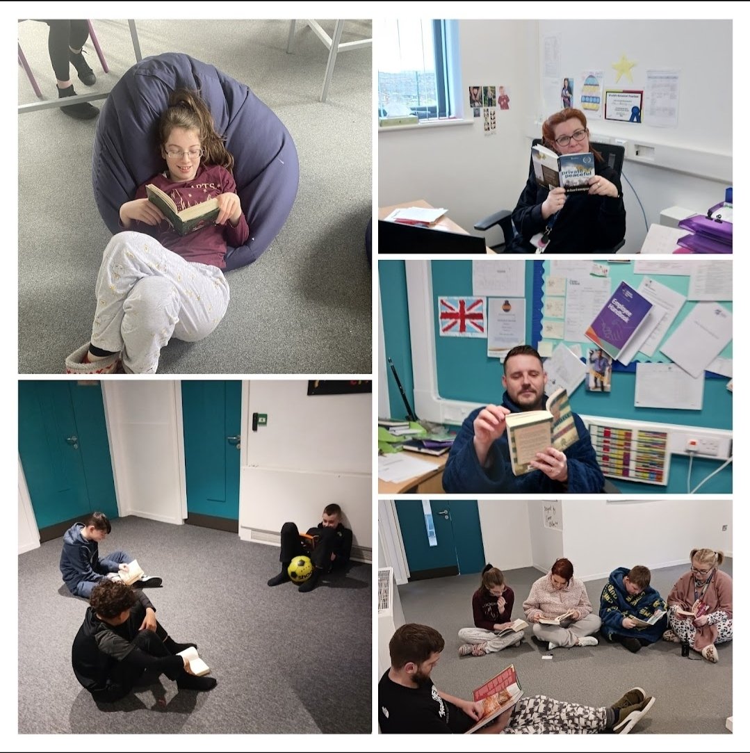 To celebrate <a href="/WorldBookDayUK/">World Book Day UK 📚</a> staff and pupils donned our comfiest clothes and snuggled down to read our favourite books. 'Freeze and read' led to huddles of pupils laid across corridors silently exploring their chosen story, even stopping a football game! #readingforpleasure 📖