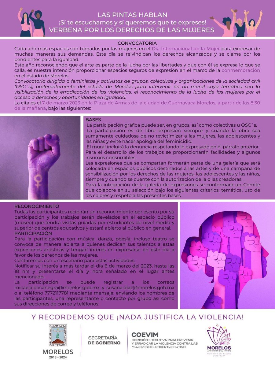SG_Morelos's tweet photo. En el marco del Día Internacional de la Mujer, la Coevim, te invita a participar en la Verbena por los derechos de las Mujeres.

🟣7 de marzo 2023
🟣8:30 am en Plaza de Armas

En el Ejecutivo: ¡Sí te escuchamos y sí queremos que te expreses!

¡Te invitamos!, consulta las bases. https://t.co/XtqYoACYrb