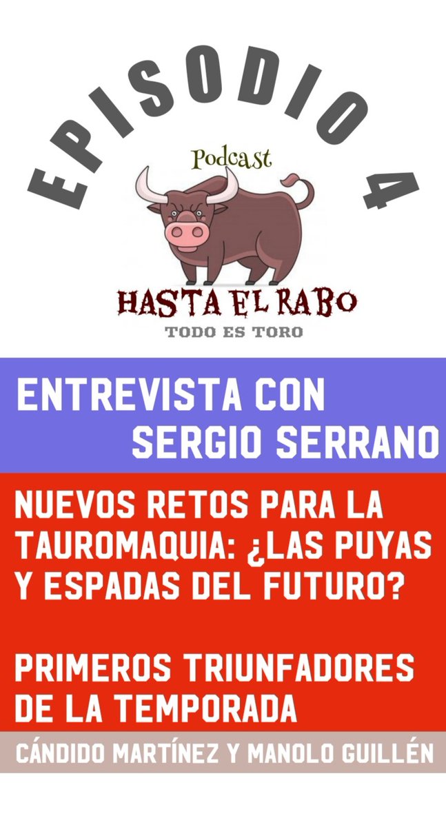NUEVO EPISODIO del podcast HASTA EL RABO TODO ES TORO.

Esta semana nos acompaña el matador <a href="/SergioSerrano85/">Sergio Serrano</a>

Información, opinión, secciones de <a href="/hilariotorerazo/">Hilario CampoyMolina</a> y #ElGranBoris y toda la actualidad taurina de la semana con <a href="/CandidoMtnez/">𝗖𝗮𝗻𝗱𝗶𝗱𝗼 𝗠𝗮𝗿𝘁𝗶𝗻𝗲𝘇 🇪🇸</a> y <a href="/manolicoguillen/">manolicoguillen</a>

spotifyanchor-web.app.link/e/mOnLbpuxQxb