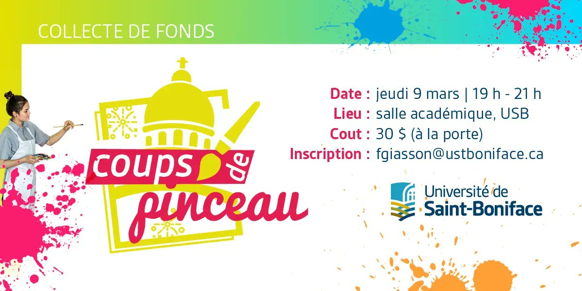 ustboniface's tweet photo. Vous vivez du stress? Venez vous détendre dans le cadre d'une soirée peinture!
JEUDI 9 MARS à 19h.
Une collecte de fonds pour le projet humanitaire au Sénégal de l’École de travail social et de la Faculté des arts.
#ustboniface #SousLaCoupole #CollecteDeFonds #ProjetHumanitaire https://t.co/d84pfs4vBT