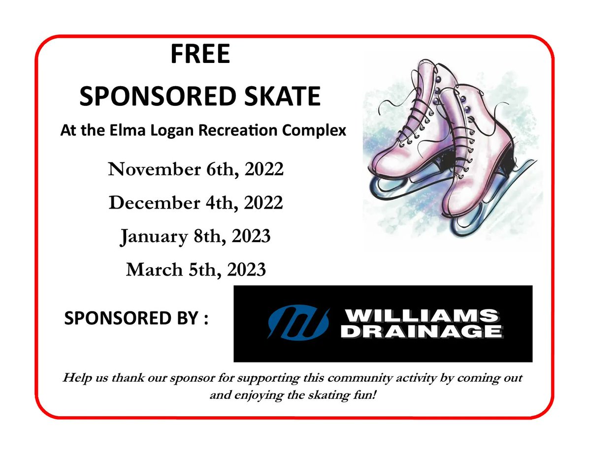 NorthPerth1's tweet photo. ⛸FREE sponsored skating this Sunday, March 5th!
Elma Logan Recreation Complex: 1:30-2:20pm - sponsored by @WilliamsDrain84 
Wallace Community Centre: 1:00-1:50pm - sponsored by Listowel Knights of Columbus https://t.co/Z6qmiHBOf0