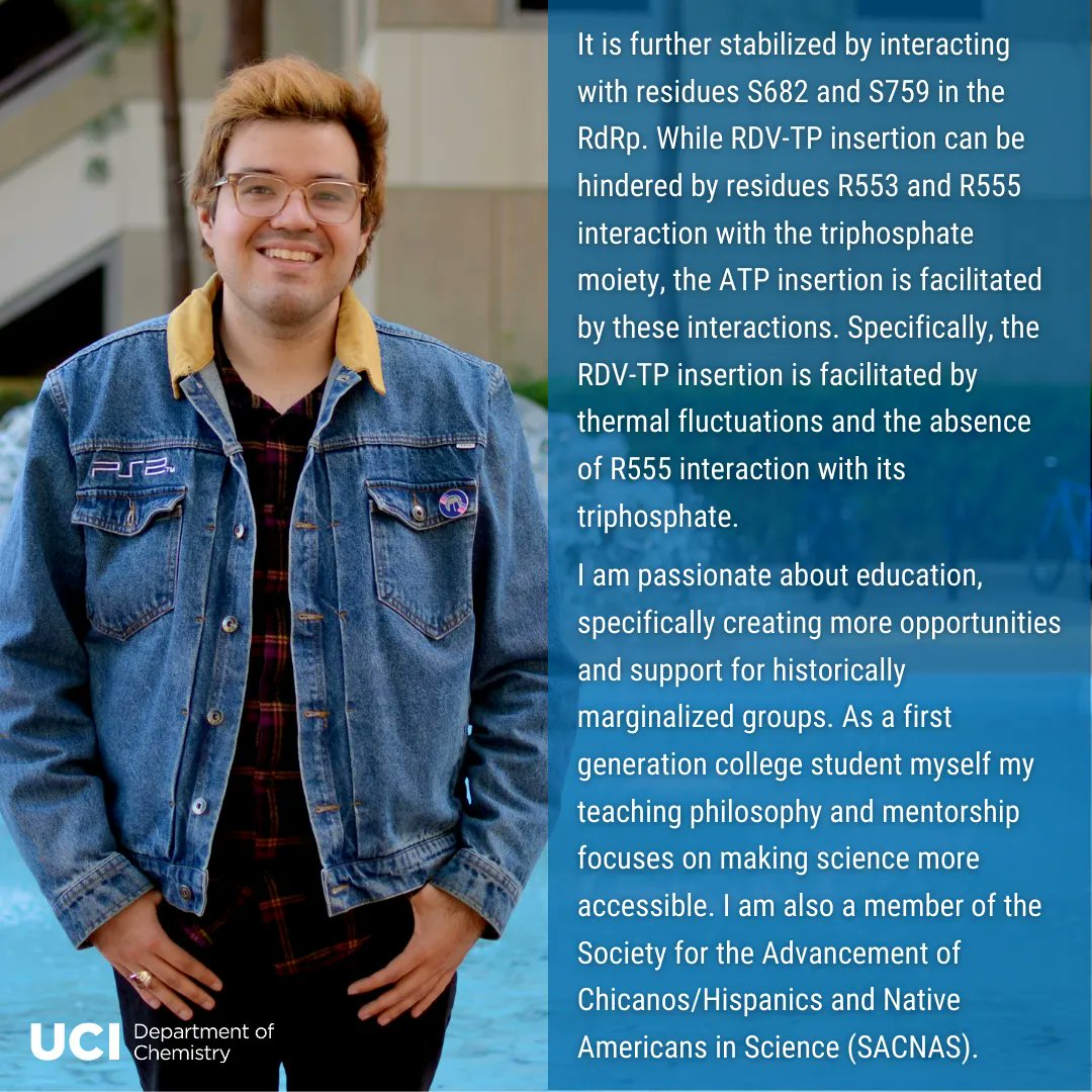 Meet Moises, 6th year #PhD #candidate in #chemistry in Professor Jin Yu's group! Swipe to learn more about his #research on intrinsic #nucleotide selectivity of the SARS-CoV-2 RNA dependent RNA polymerase. 
<a href="/UCIPhysAstro/">UCI Physics & Astro</a> <a href="/UCIrvine/">UC Irvine</a> <a href="/UCIChemistry/">UCI Chemistry</a>