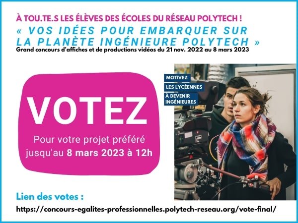 Polytech Sorbonne (@polytechsorbonn) on Twitter photo En novembre dernier, le <a href="/reseaupolytech/">réseau Polytech</a> avait lancé le premier #concours égalité professionnelle.
🗳 Il est maintenant temps de voter pour votre production préférée jusqu'au 8 mars à 12h.
Les gagnants seront récompensés lors de la cérémonie officielle, le 28 mars prochain. En novembre dernier, le <a href="/reseaupolytech/">réseau Polytech</a> avait lancé le premier #concours égalité professionnelle.
🗳 Il est maintenant temps de voter pour votre production préférée jusqu'au 8 mars à 12h.
Les gagnants seront récompensés lors de la cérémonie officielle, le 28 mars prochain.