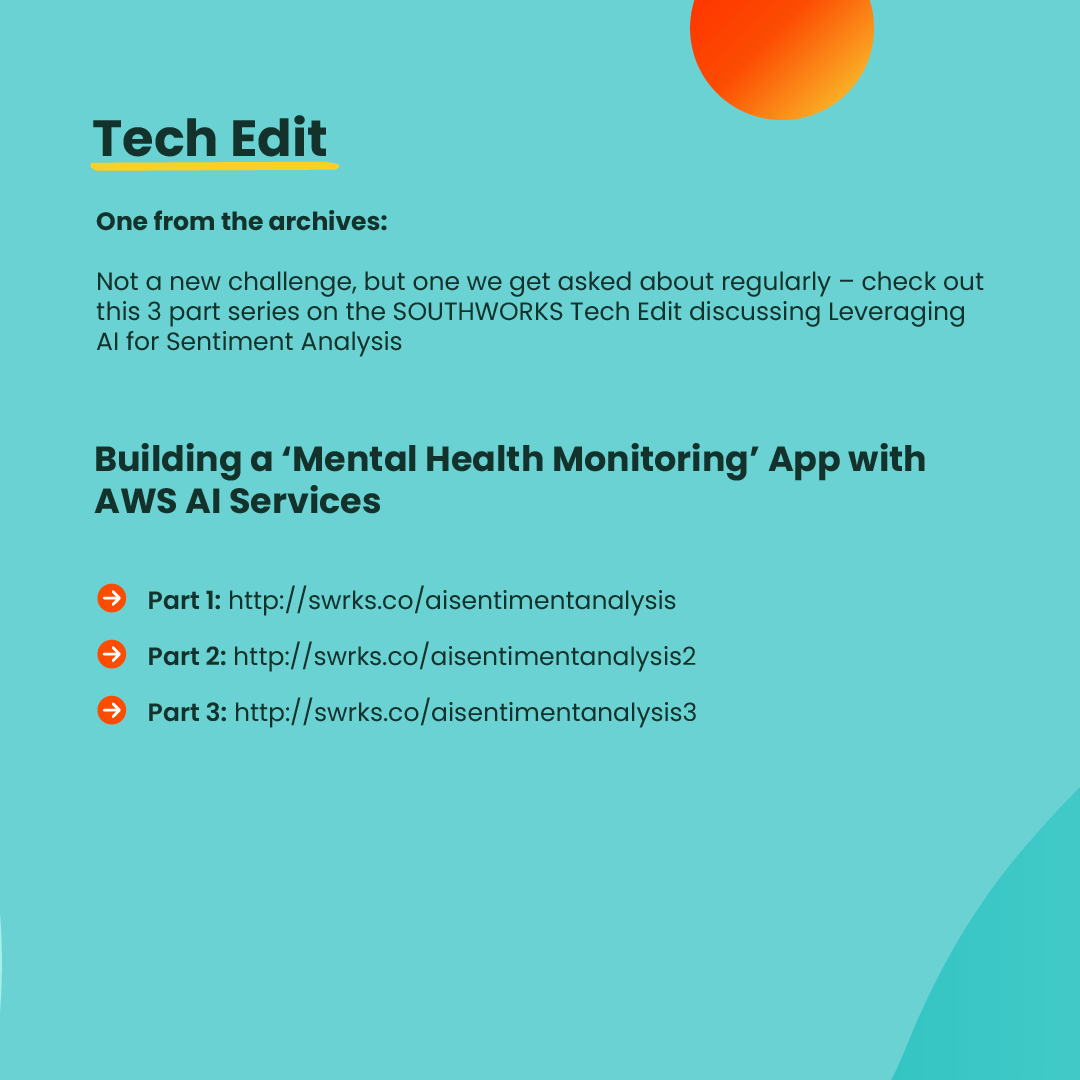 southworks's tweet image. 3/6: 💻📈 Want to learn more about #SentimentAnalysis? Check out the 3-part series in our #TechEdit discussing building a Mental Health Monitoring app with #AWS #AI Services 
👉 Pt 1: swrks.co/aisentimentana… 
👉 Pt 2: swrks.co/aisentimentana… 
👉 Pt 3: swrks.co/aisentimentana…