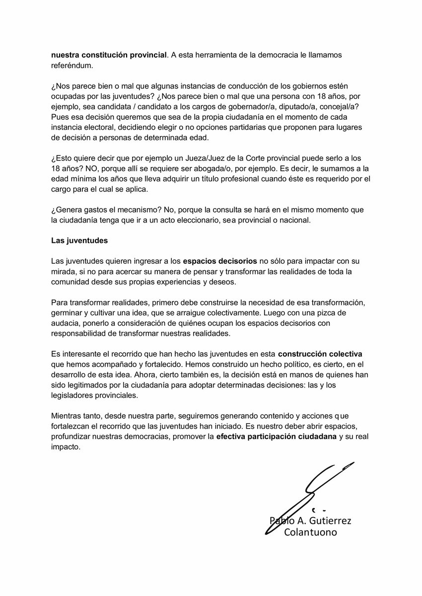 ColantuonoPablo's tweet photo. Abrir los espacios decisorios a las 𝗷𝘂𝘃𝗲𝗻𝘁𝘂𝗱𝗲𝘀 es profundizar nuestras democracias.

A propósito del proyecto de ley de enmienda constitucional presentado a la Legislatura por el Gobernador @OmarGutierrezOk en su discurso anual del 1° de marzo.

https://t.co/2kgSgU5Qac https://t.co/1PiIoL0Nf1