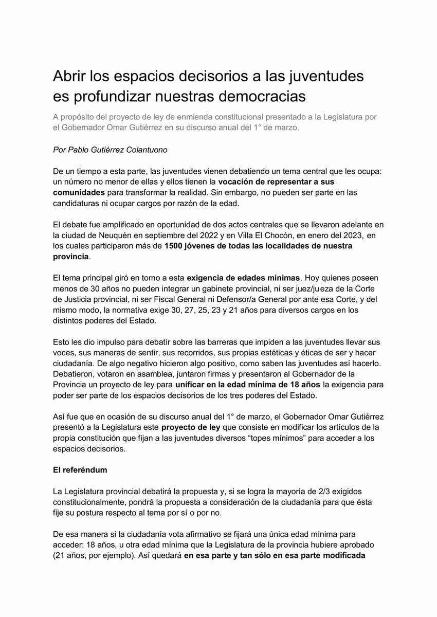 ColantuonoPablo's tweet photo. Abrir los espacios decisorios a las 𝗷𝘂𝘃𝗲𝗻𝘁𝘂𝗱𝗲𝘀 es profundizar nuestras democracias.

A propósito del proyecto de ley de enmienda constitucional presentado a la Legislatura por el Gobernador @OmarGutierrezOk en su discurso anual del 1° de marzo.

https://t.co/2kgSgU5Qac https://t.co/1PiIoL0Nf1