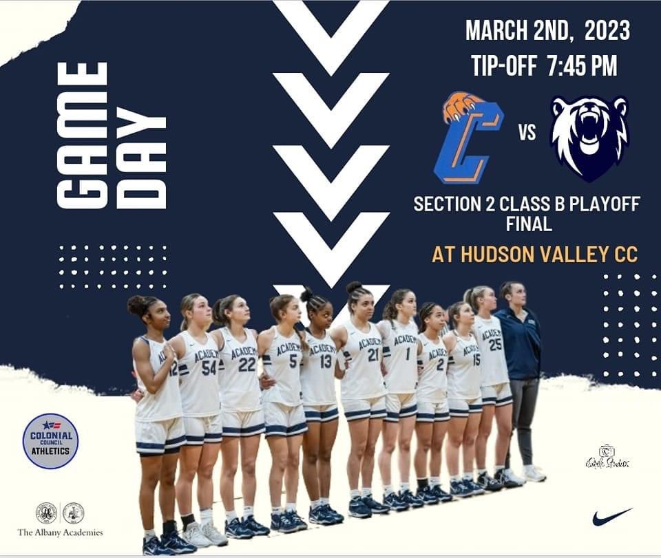 GAME DAY‼️ #1 Academy vs #2 Catskill in the Section 2 Girls’ Basketball Championship tonight at 7:45pm @ HVCC. LET’S GO ACADEMY👏🏼‼️ 
Livestream: nfhsnetwork.com/events/nysphsa…
Tickets: gofan.co/app/events/838…
@thealbanyacademies #Academy #ScholarAthletes