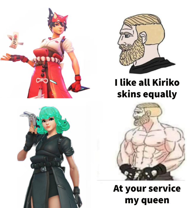 Meme with "I like all Kiriko skins equally" text next to the base Kiriko skin, then "at your service my queen" text next to the Terrible Tornado Kirko skin. 