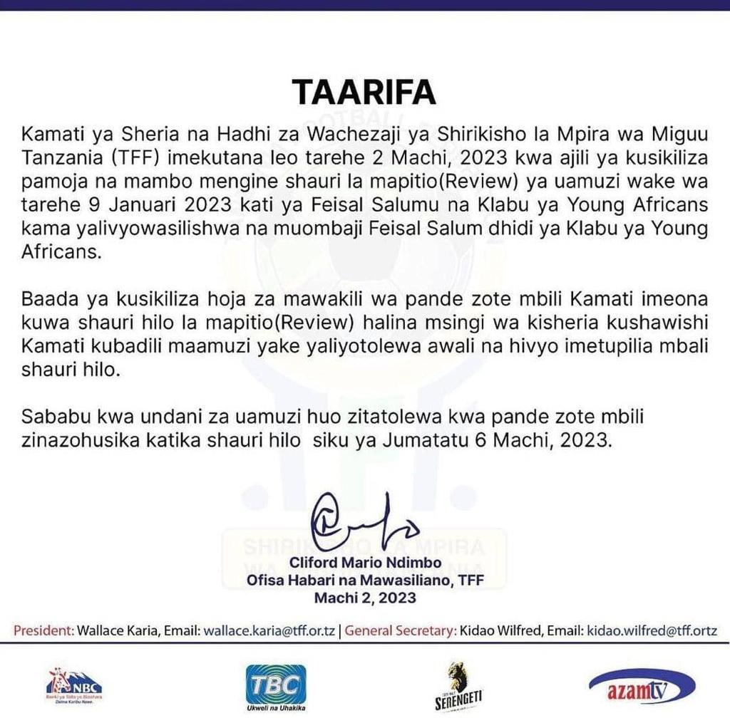 bongofive's tweet photo. #Bongo5Updates Kamati ya Sheria na Hadhi za Wachezaji ya Shirikisho la Mpira wa Miguu Tanzania (TFF) imetupilia mbali shauri la Feisal Salum ‘Fei Toto’
Swipe picha hapo juu kusoma kwa kina https://t.co/VDIGVUXs7N